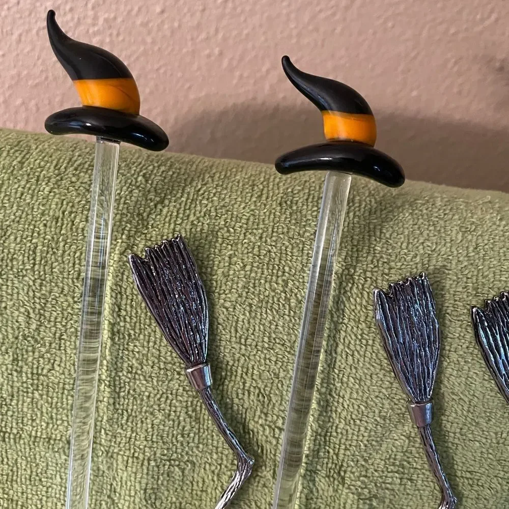 Blown Glass Witch Hat Stir Sticks Metal Broom Stir Sticks lot of 8!